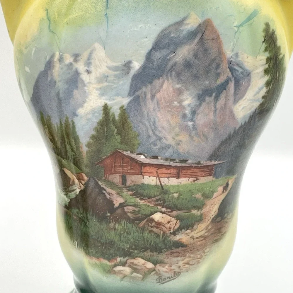 Antique Pair German Porcelain Scenic Mountain Landscape Double Handle Vases 10